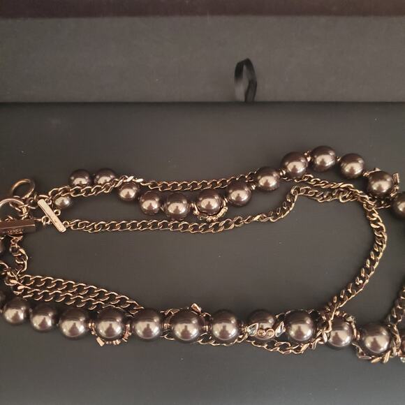 Givenchy Triple Strand Necklace Bronze Tone Beads with Crystal Accents Toggle‎ - Picture 9 of 12